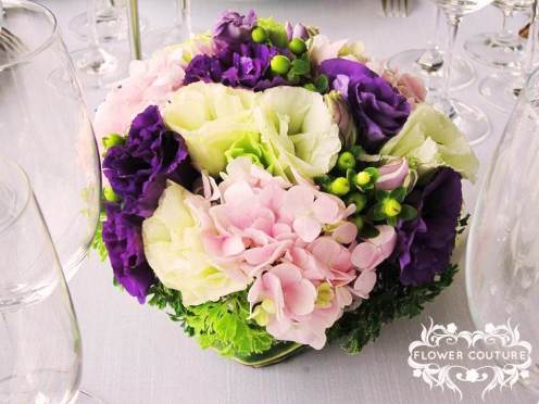 Flower Couture's replica - purple eustoma, pink hydrangea, green eustomas, green hypericum and tealeaf. 