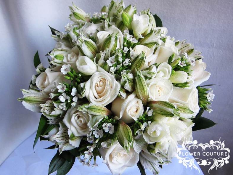 Flower Couture's rendition - Cream roses, white sweet william, and white alstro which has some elements of brown when the buds open. 