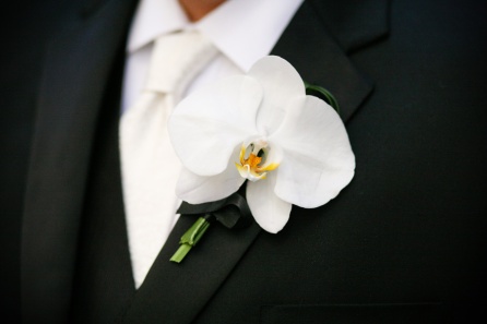 Customer's sample picture of white phalaenopsis boutonniere.