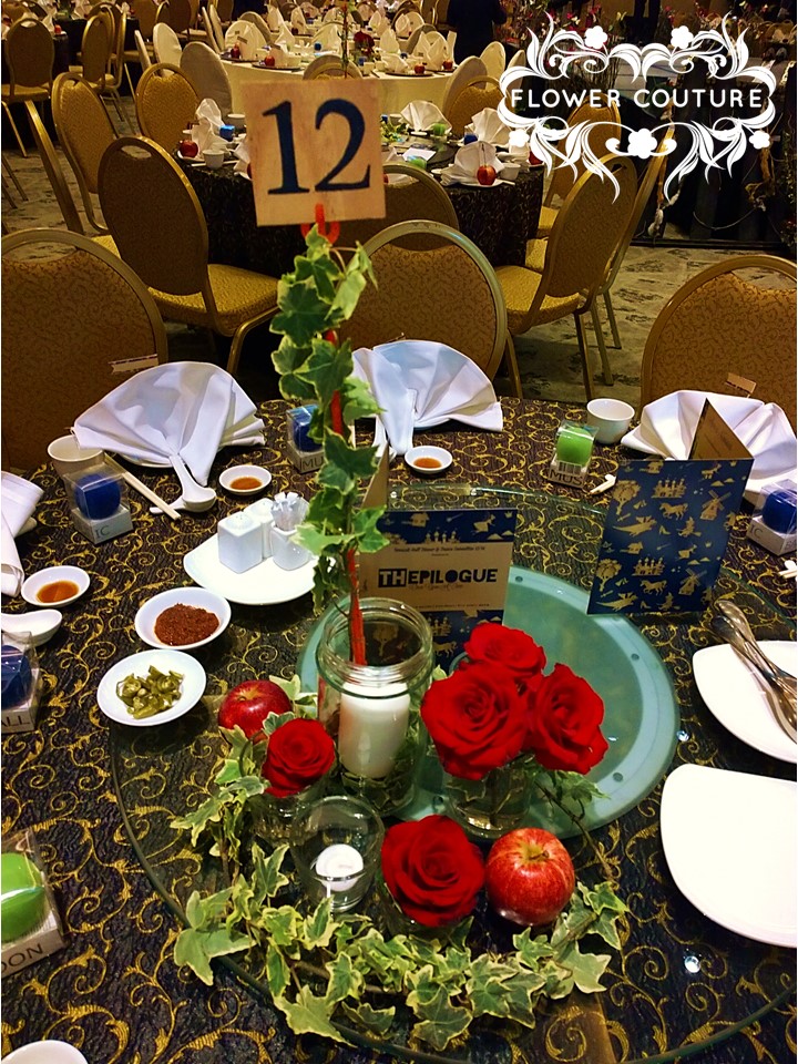 Table Centrepiece Display - roses, candles, red apples, custom made table numbers. 